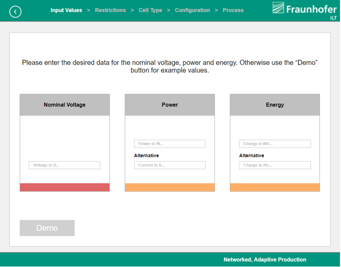 The image shows a user interface from Fraunhofer ILT with a teal header and a white content area. There are three distinct sections labeled "Nominal Voltage," "Power," and "Energy," each contained within gray boxes. Each section has input fields for specific terms: "Voltage in V," "Power in W," "Current in A," "Energy in Wh," and "Charge in Ah." Below these sections, there is a button labeled "Demo" in a light gray box. The overall background is white, and the text is mostly black with some red and orange accents, indicating areas where input is required or optional.